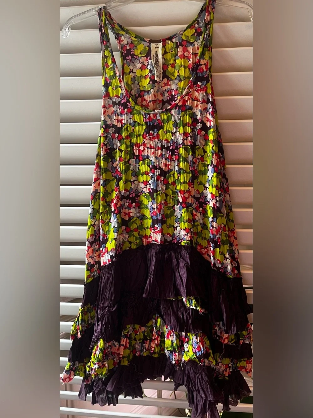 Free People Floral Ruffle Tiered Mini Dress in Purple and Green Multi